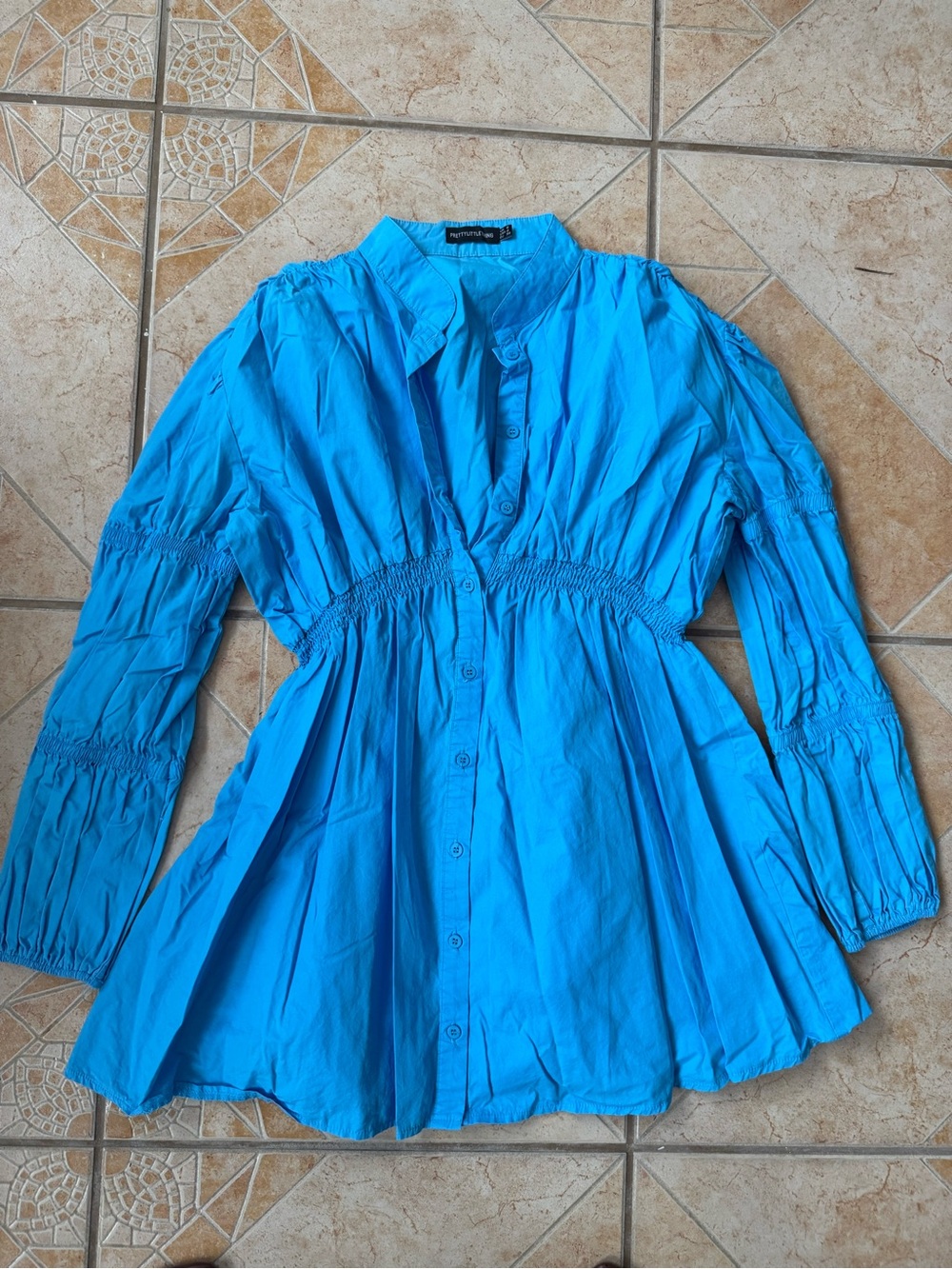 Bright Blue Button-Front Gathered Waist Dress